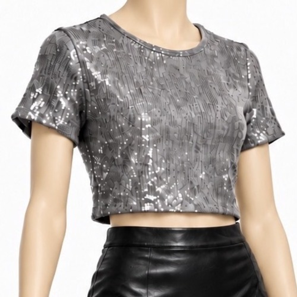 CHRISTIAN LACROIX *NWT* Silver Gray Sequin Cropped Top NYE Clubwear | Women's S